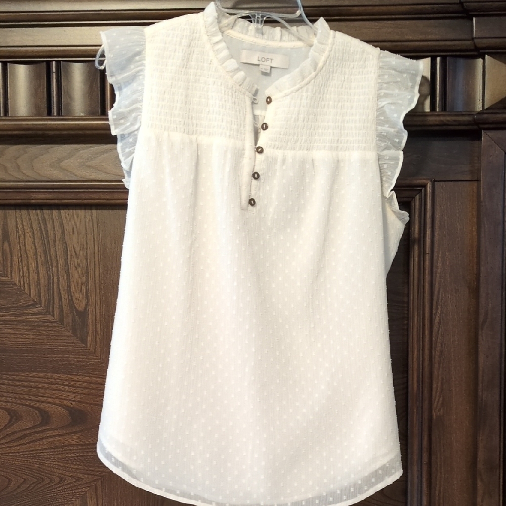 LOFT White Sleeveless Lined Dot-Textured Ruffle Yoke Blouse